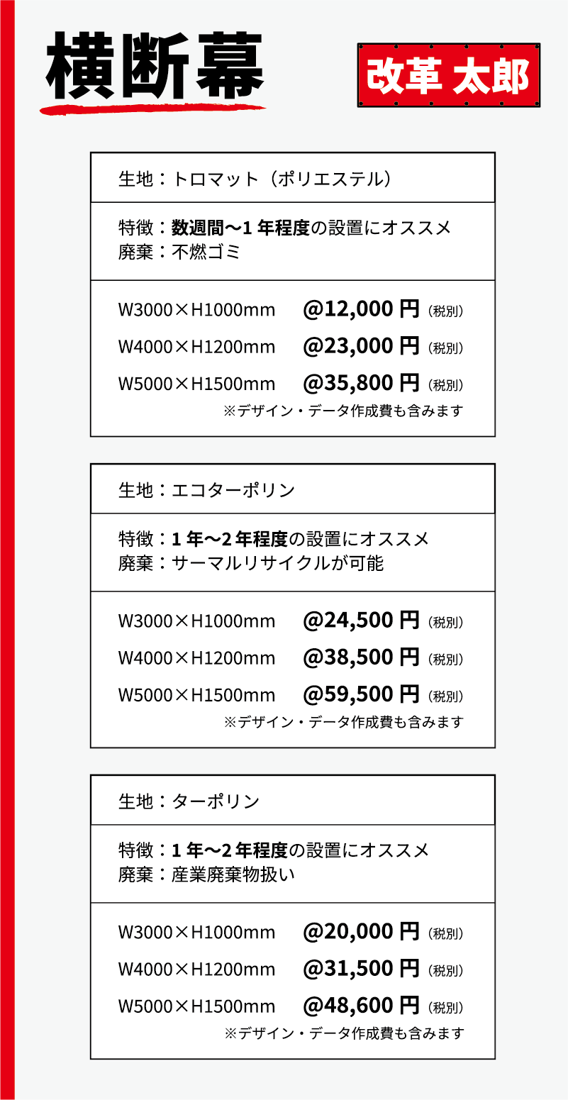商品名、横断幕 大きさ、幅3000~5000ミリ高さ1000~1500ミリ 生地、トロマット、エコターポリン、ターポリン(ポリエステル) 価格、単価12000~59500円